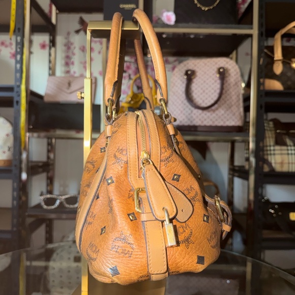 MCM Visetos Logo Satchel in Cognac and Black - Picture 5 of 7